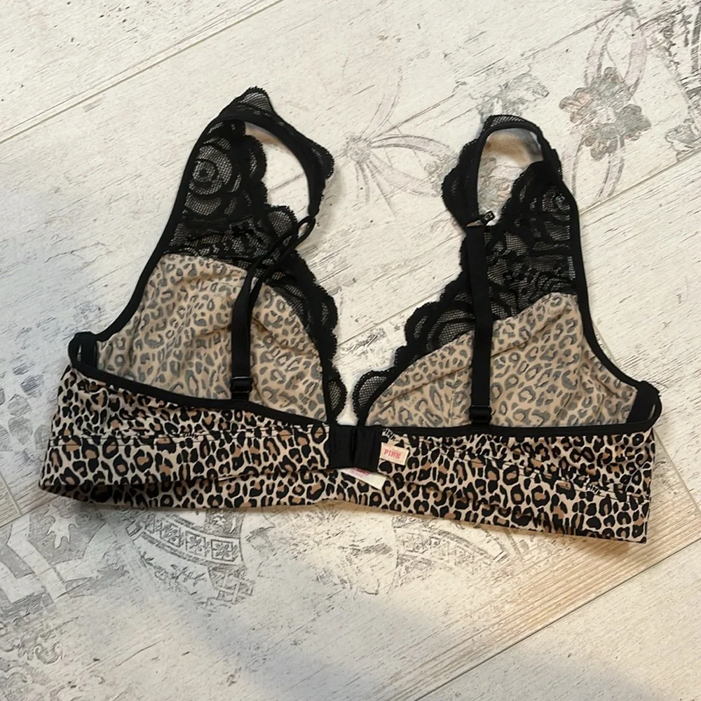 Y2K Victorias Secret Black Lace Plunge Bralette with Leopard Print Size Large